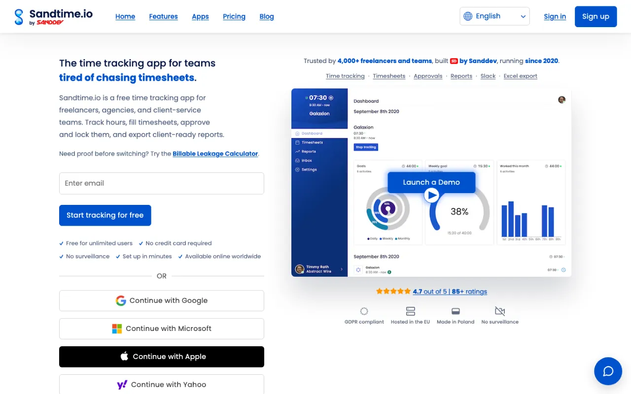 Sandtime.io landing page showing the time tracking dashboard