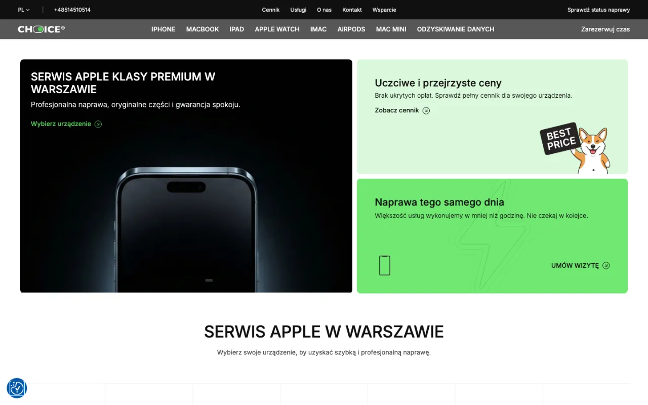 Choice homepage with the headline “Serwis Apple klasy premium w Warszawie”